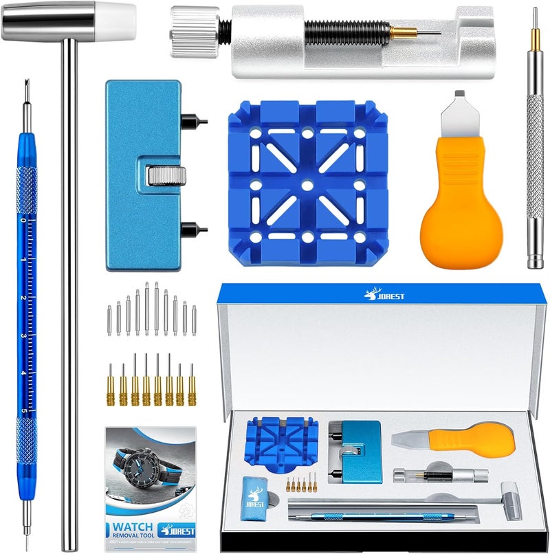 Jorest Watch Repair Tool Kit for Battery Replacement, Strap Adjustment Resizing, Watch Link Pin Remover, Watch Opening, Pry Knife Case Opener for Watch Back Removal, with Watch Hammer, Spring Bars - Image 1